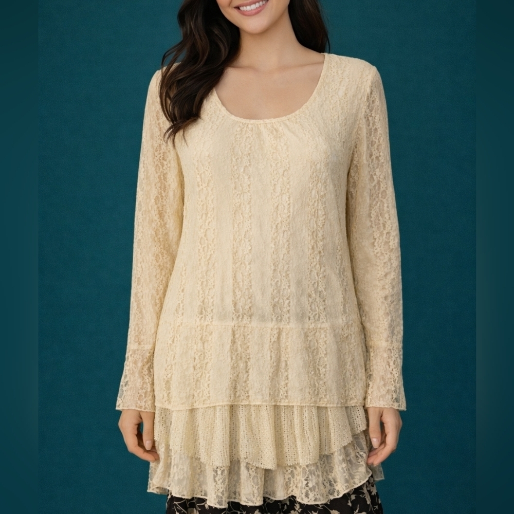 INDIGO SOUL Cream Lace Layered Ruffle Long Sleeve Boho Tunic